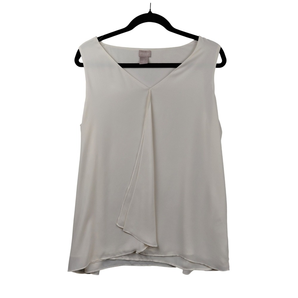 Chico's Ivory Drape Front Sleeveless V-Neck Blouse Top Size 2 US 12/14‎ Lined
